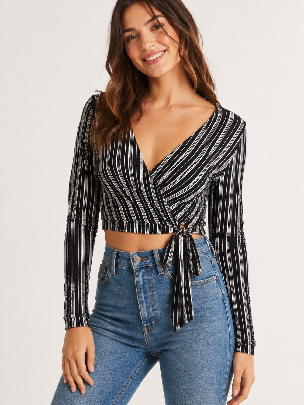 Hollister Black & White Striped Wrap Crop Top with Side Tie